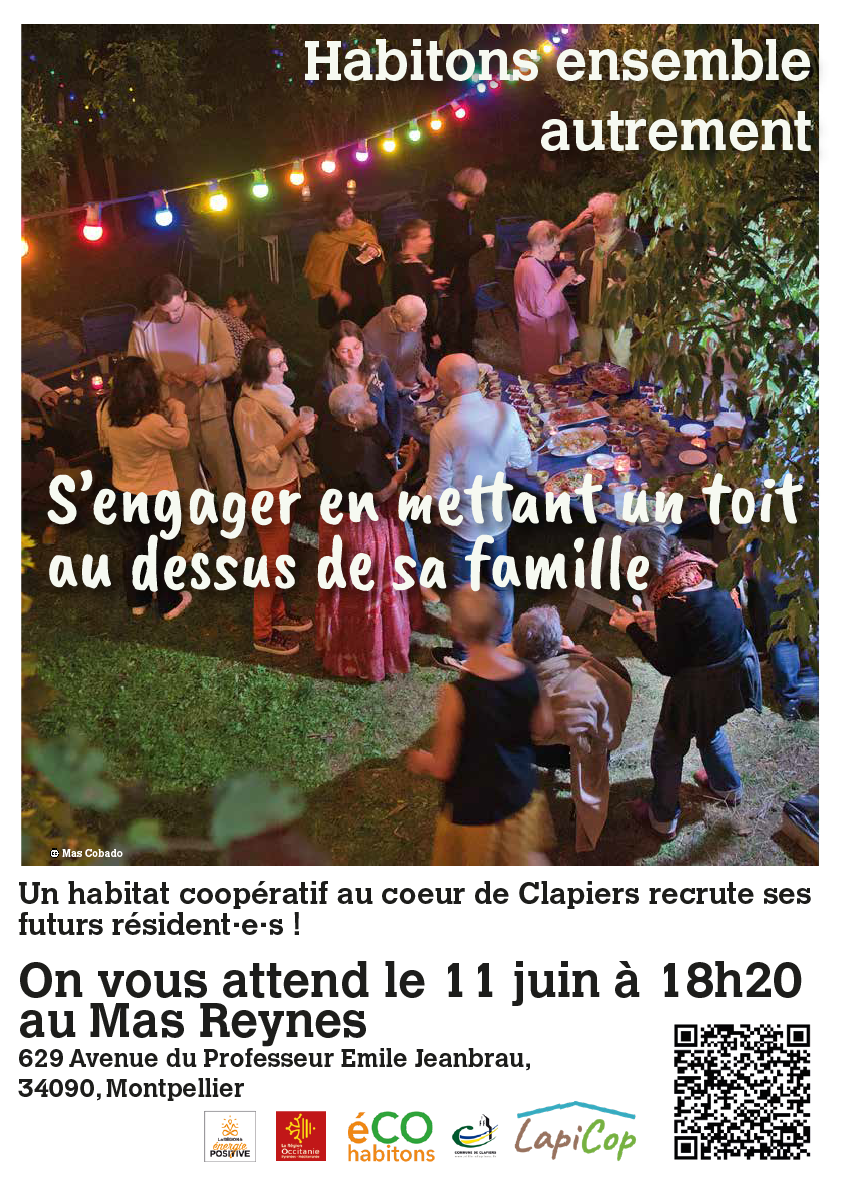 Un habitat coopératif au coeur de Clapiers recrute ses futurs résident·e·s ! On vous attend le 11 juin à 18h20 au Mas Reynes 629 Avenue du Professeur Emile Jeanbrau, 34090, Montpellier